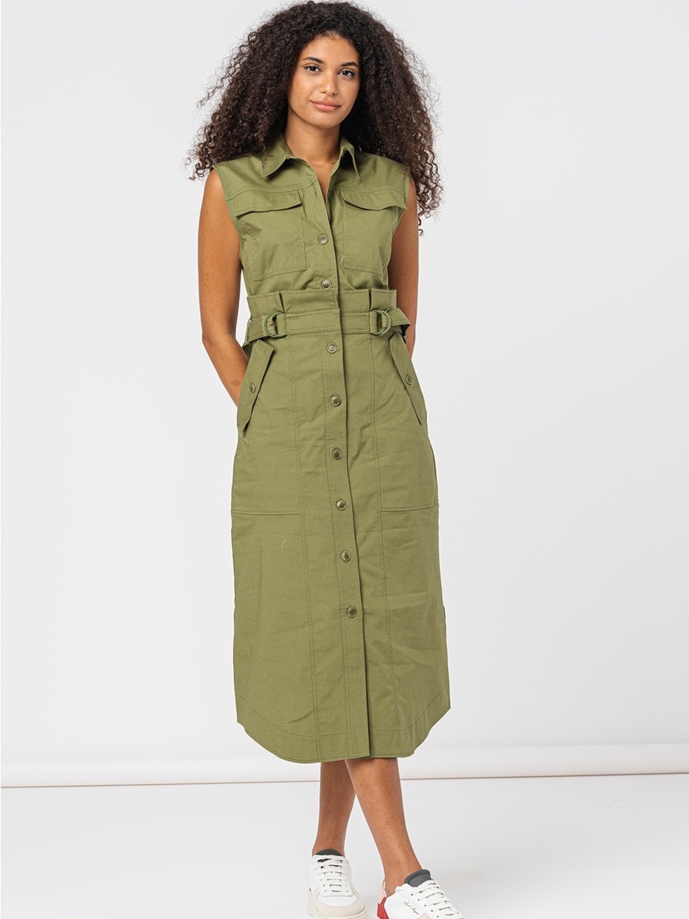Ted Baker Olive Green Sleeveless Midi Shirt Dress with Belt